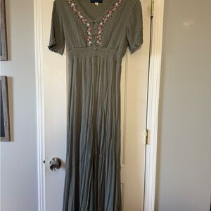 Blue Rain Sage Maxi Dress with Floral Accents